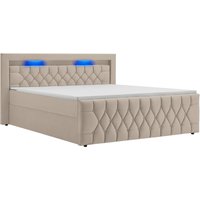 Juskys Polsterbett Leona, 140x200 cm, Boxspringbett-Optik, Samt-Bezug, LED-Licht, H4 Matratze