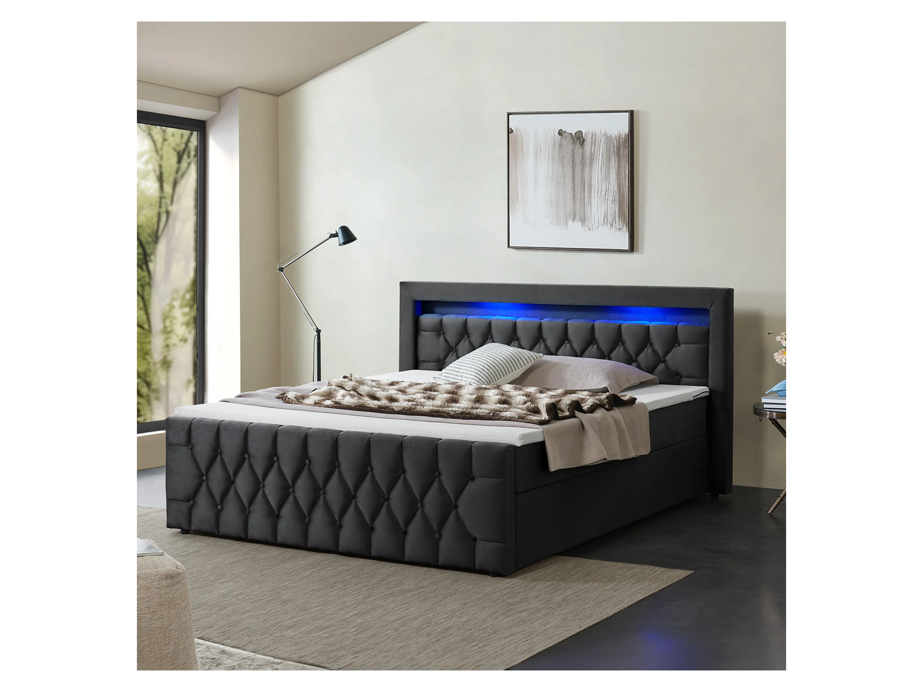 Juskys Polsterbett Leona, 140x200 cm, Boxspringbett-Optik, Samt-Bezug, LED-Licht, H4 Matratze – Bild 3 von 4