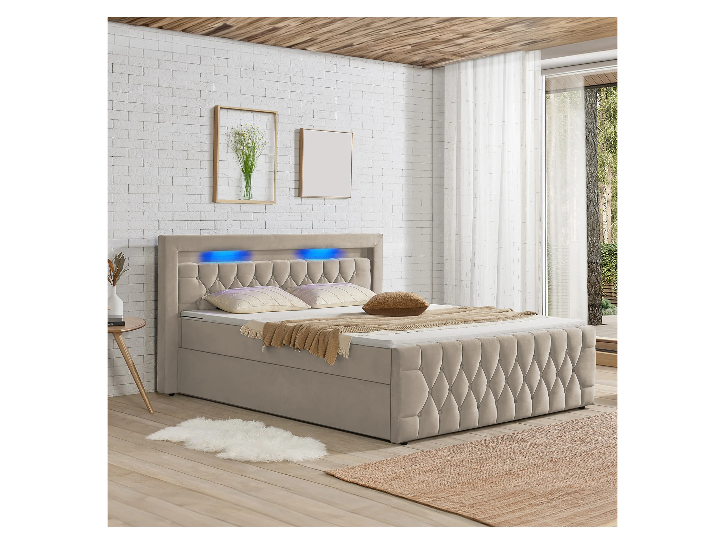 Juskys Polsterbett Leona, 180x200 cm, Boxspringbett-Optik, Samt-Bezug, LED-Licht, H4 Matratze – Bild 2 von 4