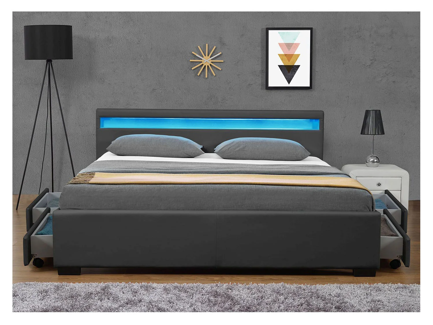 Juskys Polsterbett Lyon, 140x200 cm, ausziehbare Bettkästen, LED-Licht, gepolstertes Kopfteil – Bild 3 von 4