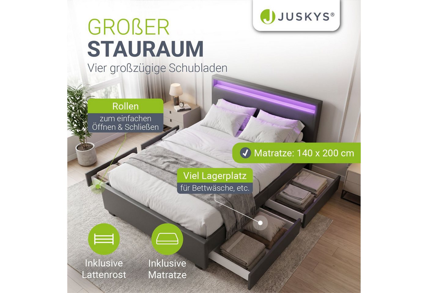 Juskys Polsterbett Lyon mit Matratze, 140x200 cm, ausziehbare Bettkästen, LED-Licht, inkl. Matratze – Bild 2 von 5