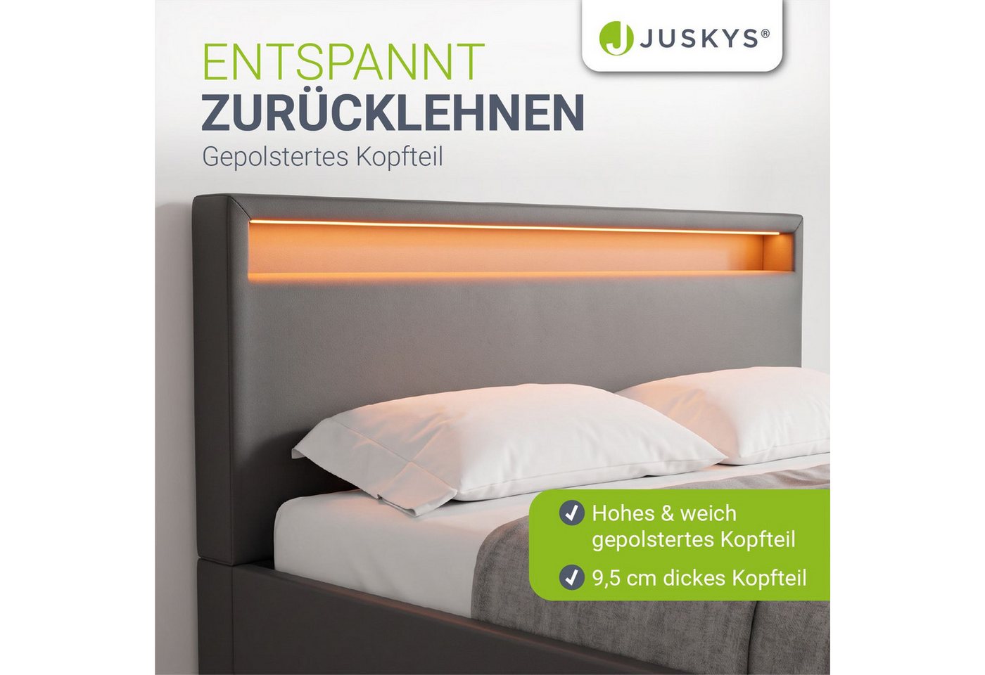 Juskys Polsterbett Lyon mit Matratze, 140x200 cm, ausziehbare Bettkästen, LED-Licht, inkl. Matratze – Bild 4 von 5