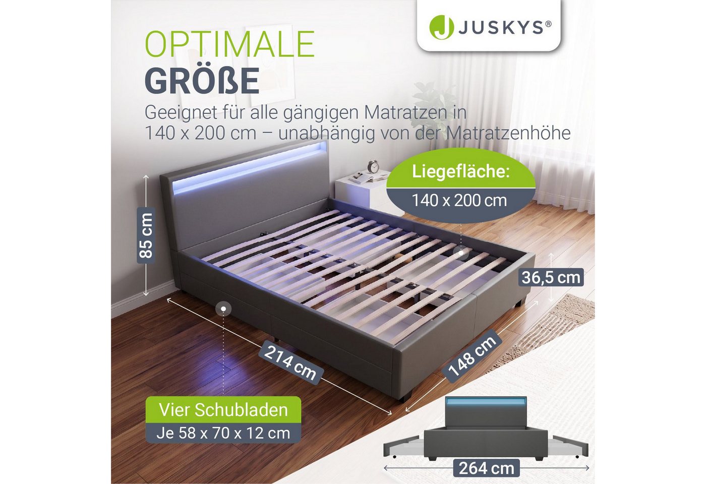 Juskys Polsterbett Lyon mit Matratze, 140x200 cm, ausziehbare Bettkästen, LED-Licht, inkl. Matratze – Bild 5 von 5