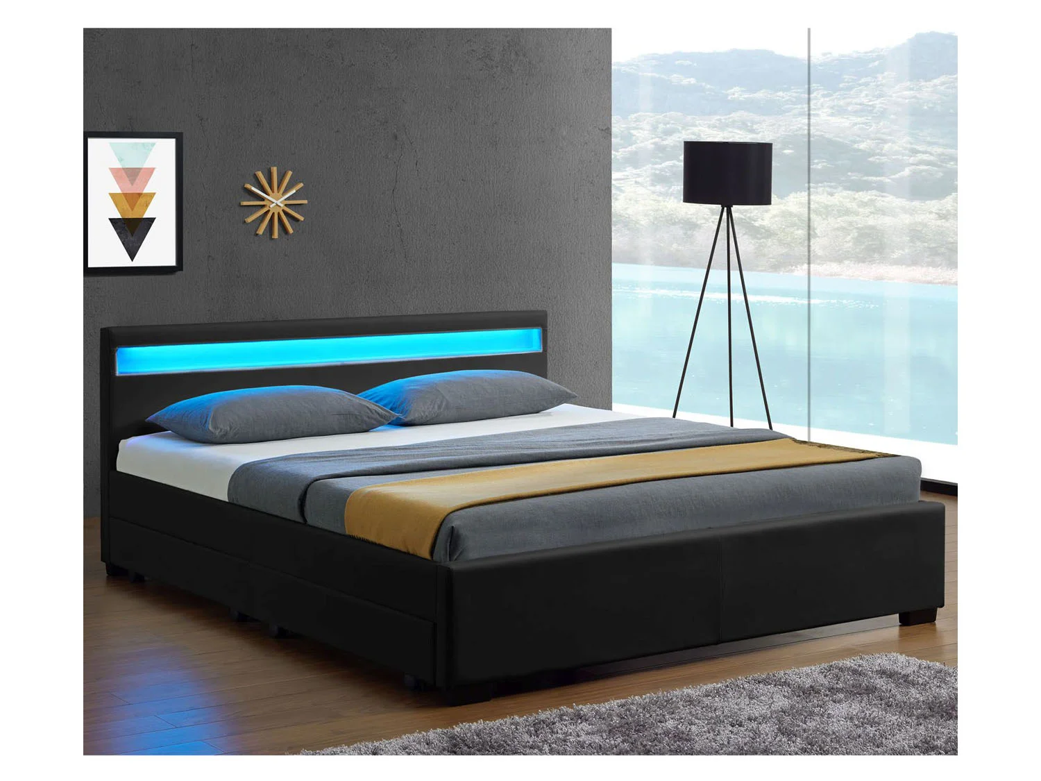 Juskys Polsterbett Lyon, 140x200 cm, ausziehbare Bettkästen, LED-Licht, gepolstertes Kopfteil – Bild 2 von 4