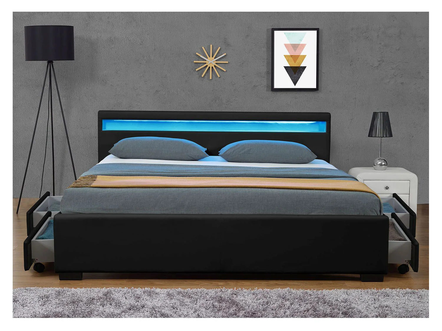 Juskys Polsterbett Lyon, 140x200 cm, ausziehbare Bettkästen, LED-Licht, gepolstertes Kopfteil – Bild 3 von 4