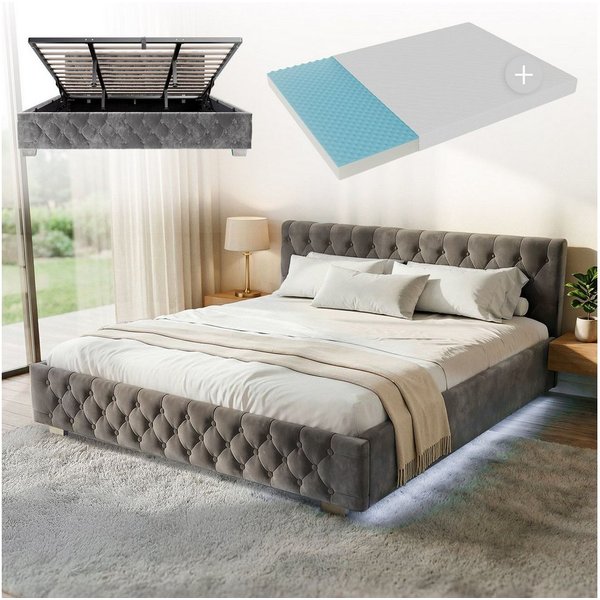 Juskys Polsterbett Nizza, 180x200 cm, LED Licht, Stauraum, Samtbezug, inkl. Matratze