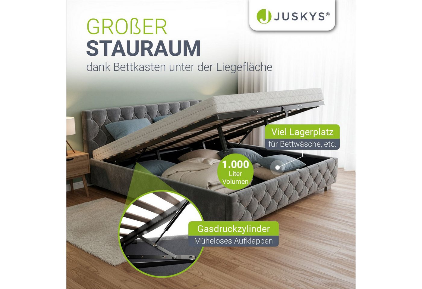 Juskys Polsterbett Nizza, 180x200 cm, LED Licht, Stauraum, Samtbezug, inkl. Matratze – Bild 2 von 5