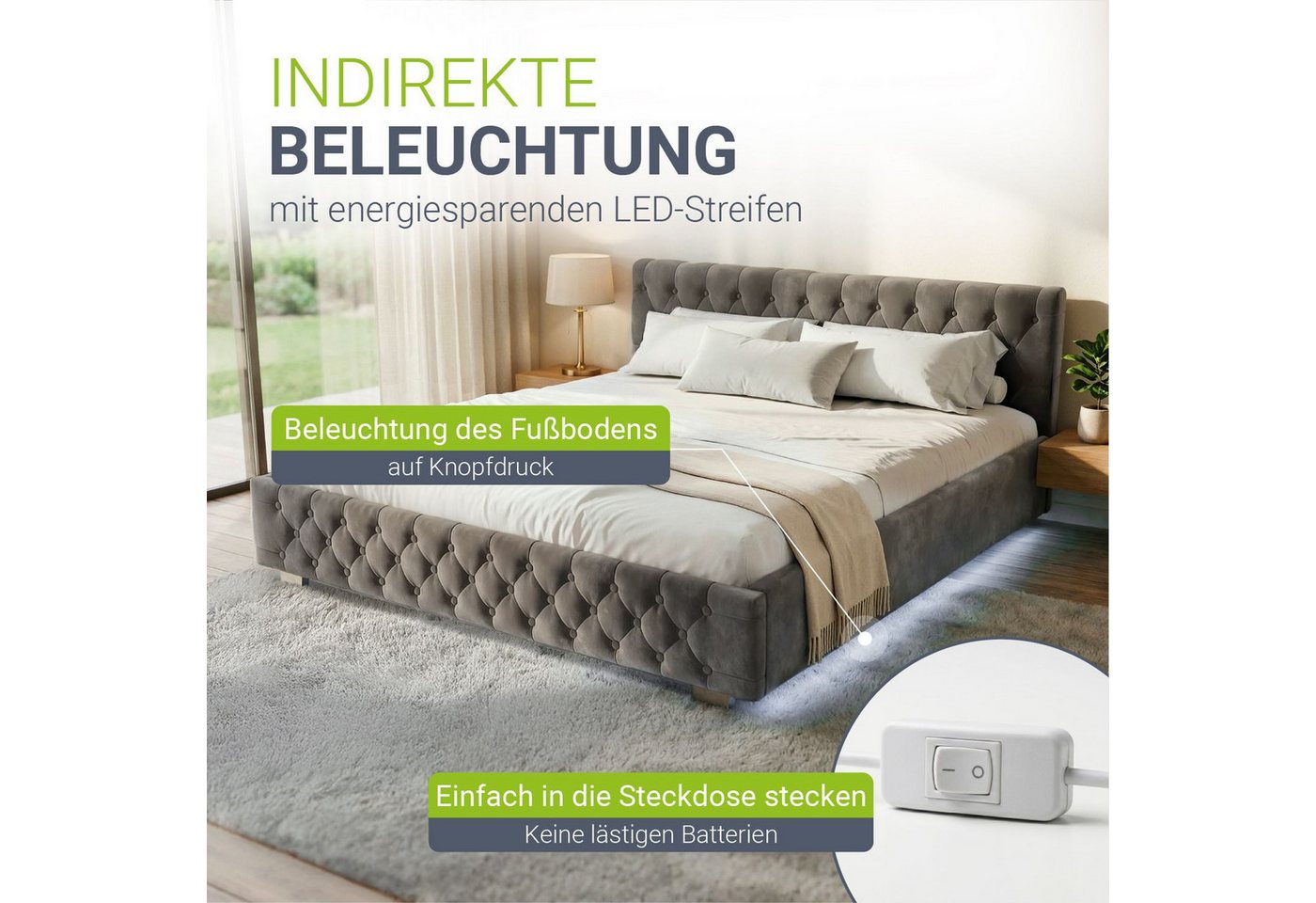 Juskys Polsterbett Nizza, 180x200 cm, LED Licht, Stauraum, Samtbezug, inkl. Matratze – Bild 3 von 5