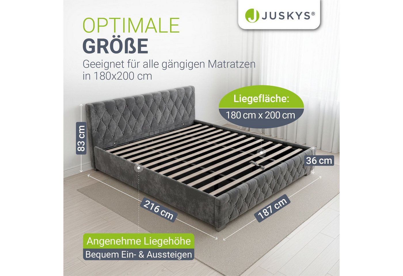 Juskys Polsterbett Nizza, 180x200 cm, LED Licht, Stauraum, Samtbezug, inkl. Matratze – Bild 4 von 5