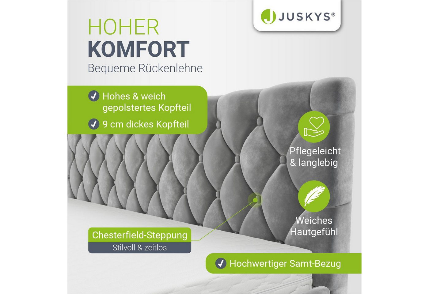 Juskys Polsterbett Nizza, 180x200 cm, LED Licht, Stauraum, Samtbezug, inkl. Matratze – Bild 5 von 5