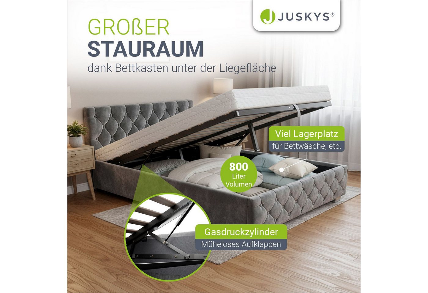 Juskys Polsterbett Nizza, 140x200 cm, LED Licht, Stauraum, Samtbezug, inkl. Matratze – Bild 2 von 5