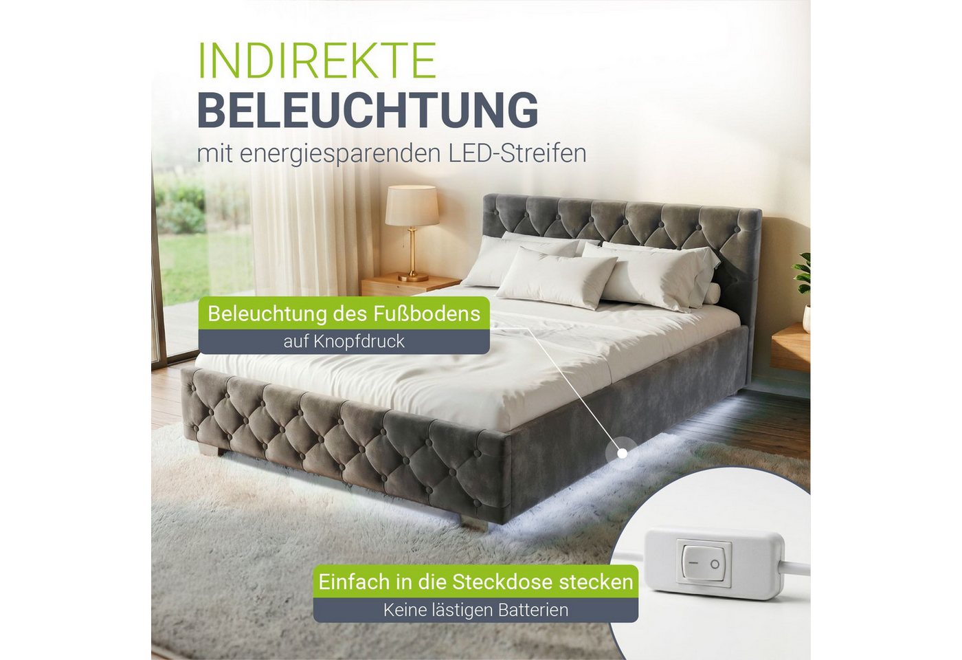 Juskys Polsterbett Nizza, 140x200 cm, LED Licht, Stauraum, Samtbezug, inkl. Matratze – Bild 3 von 5