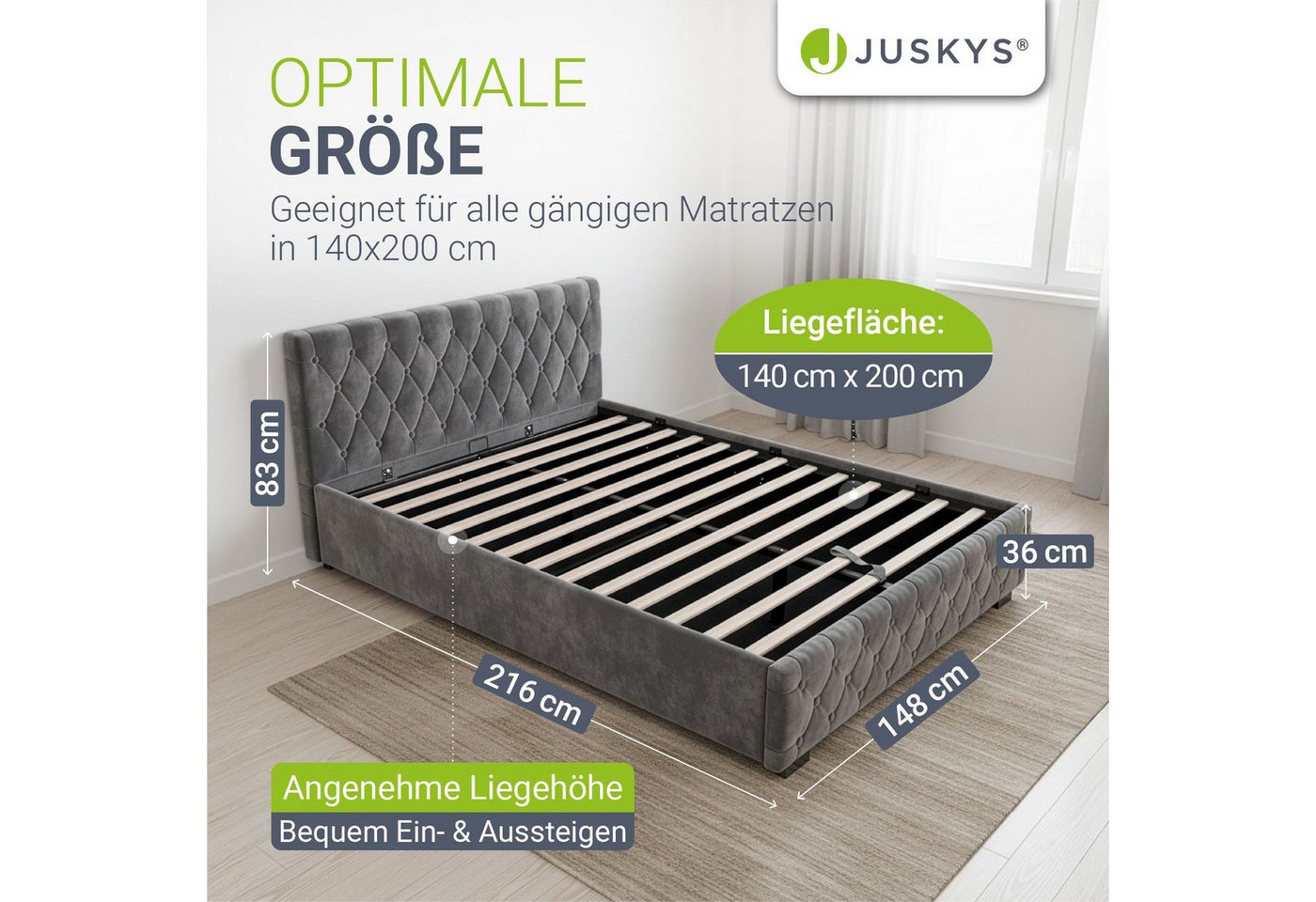 Juskys Polsterbett Nizza, 140x200 cm, LED Licht, Stauraum, Samtbezug, inkl. Matratze – Bild 4 von 5