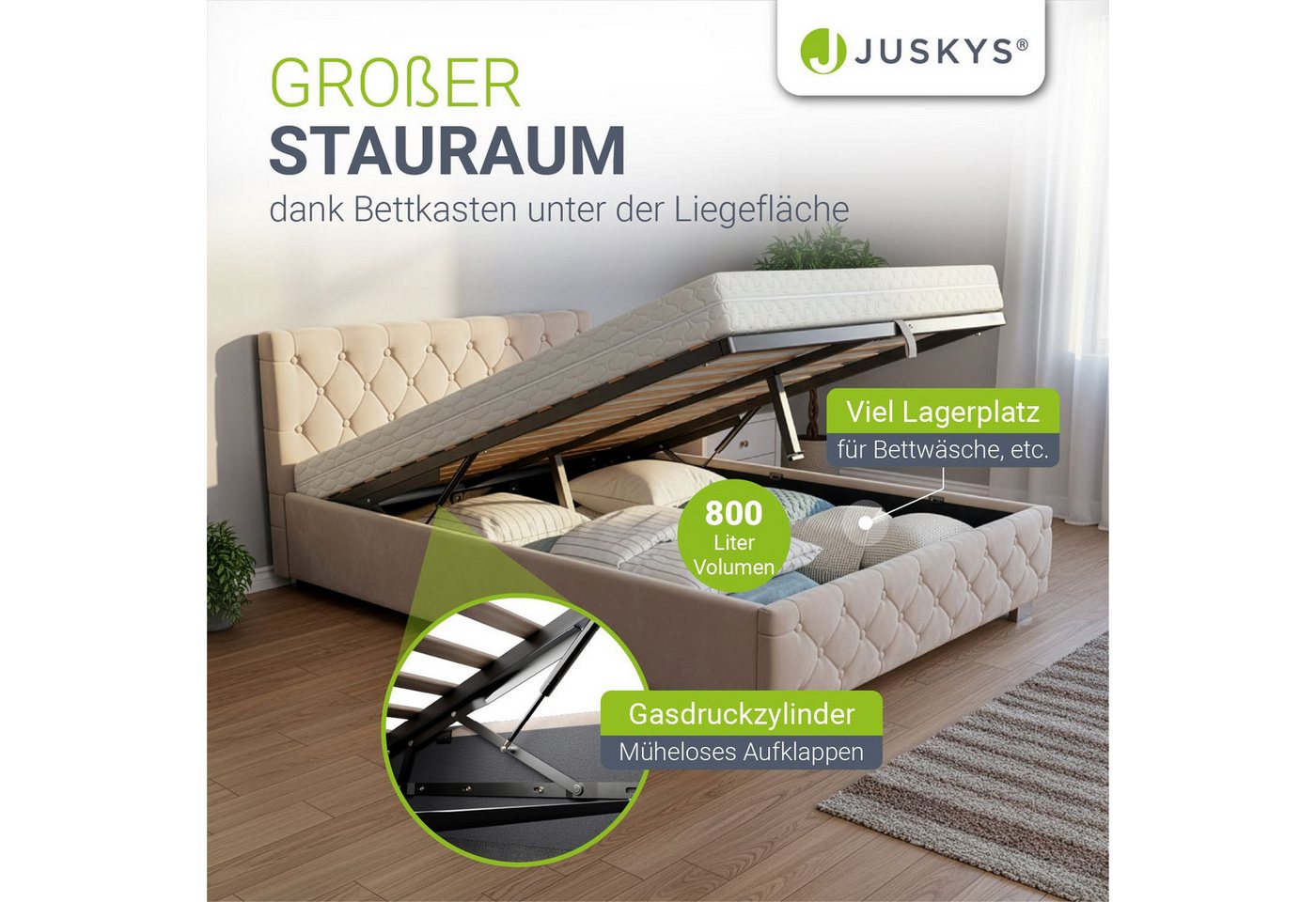 Juskys Polsterbett Nizza, 140x200 cm, LED Licht, Stauraum, Samtbezug, inkl. Matratze – Bild 2 von 5