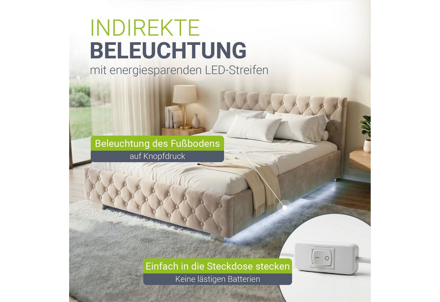 Juskys Polsterbett Nizza, 140x200 cm, LED Licht, Stauraum, Samtbezug, inkl. Matratze – Bild 3 von 5