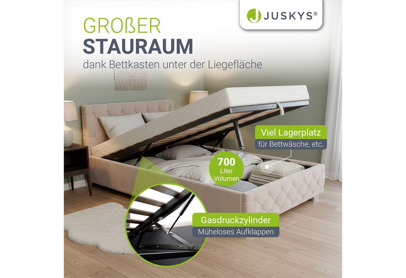 Juskys Polsterbett Nizza, 120x200 cm, LED Licht, Stauraum, Samtbezug, inkl. Matratze – Bild 2 von 5