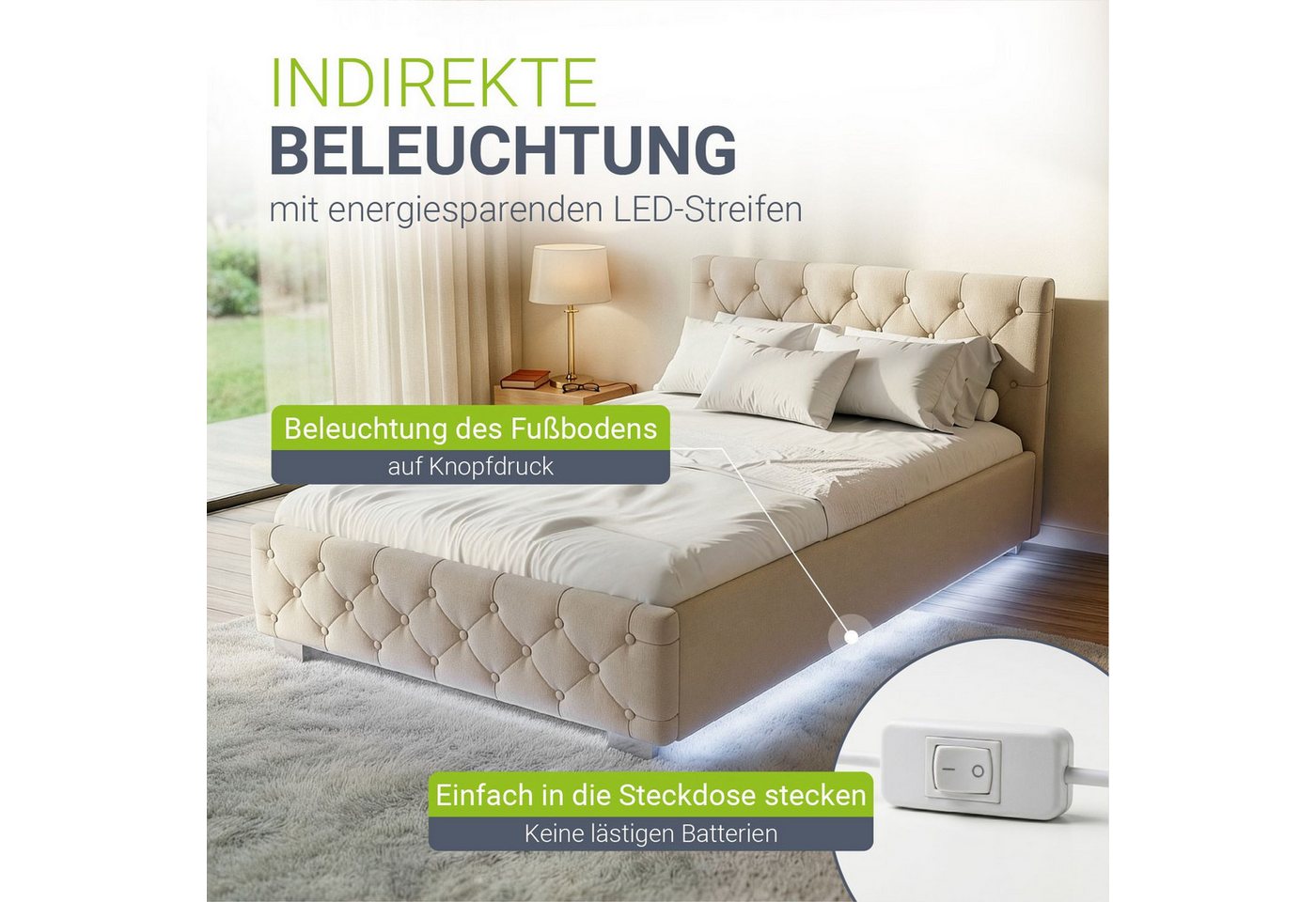 Juskys Polsterbett Nizza, 120x200 cm, LED Licht, Stauraum, Samtbezug, inkl. Matratze – Bild 3 von 5