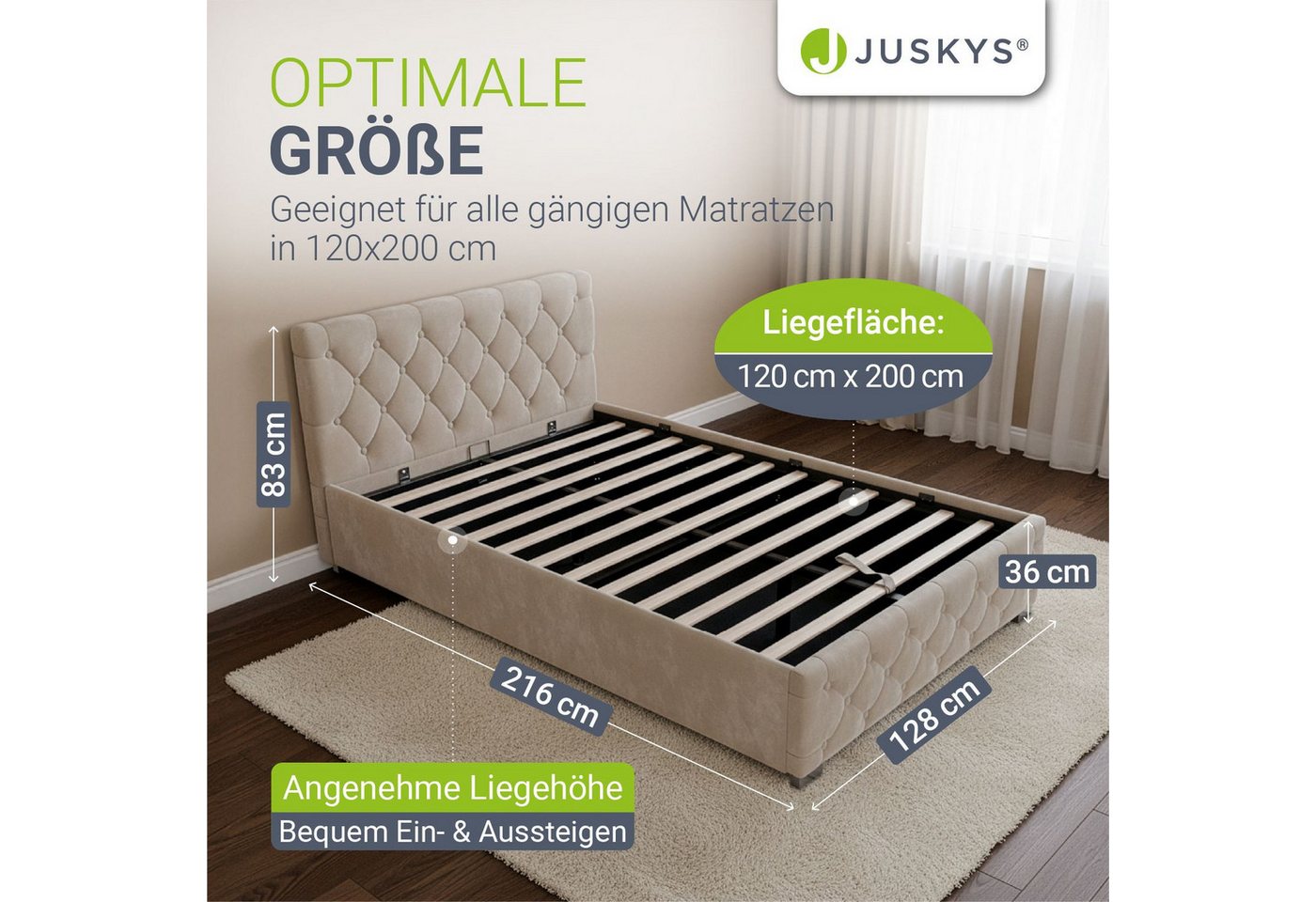 Juskys Polsterbett Nizza, 120x200 cm, LED Licht, Stauraum, Samtbezug, inkl. Matratze – Bild 4 von 5