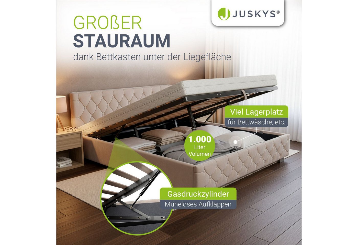 Juskys Polsterbett Nizza, 180x200 cm, LED Licht, Stauraum, Samtbezug, inkl. Matratze – Bild 2 von 5