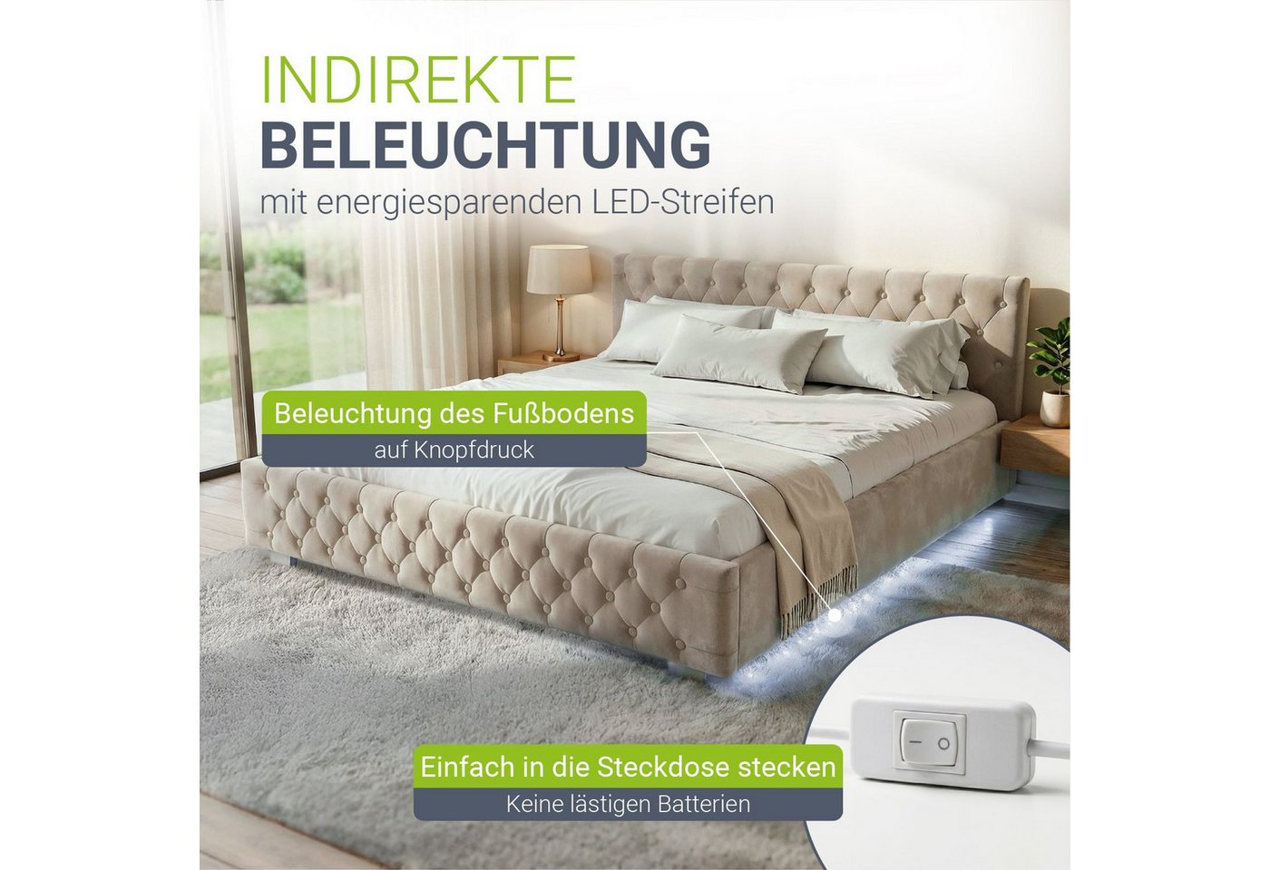 Juskys Polsterbett Nizza, 180x200 cm, LED Licht, Stauraum, Samtbezug, inkl. Matratze – Bild 3 von 5