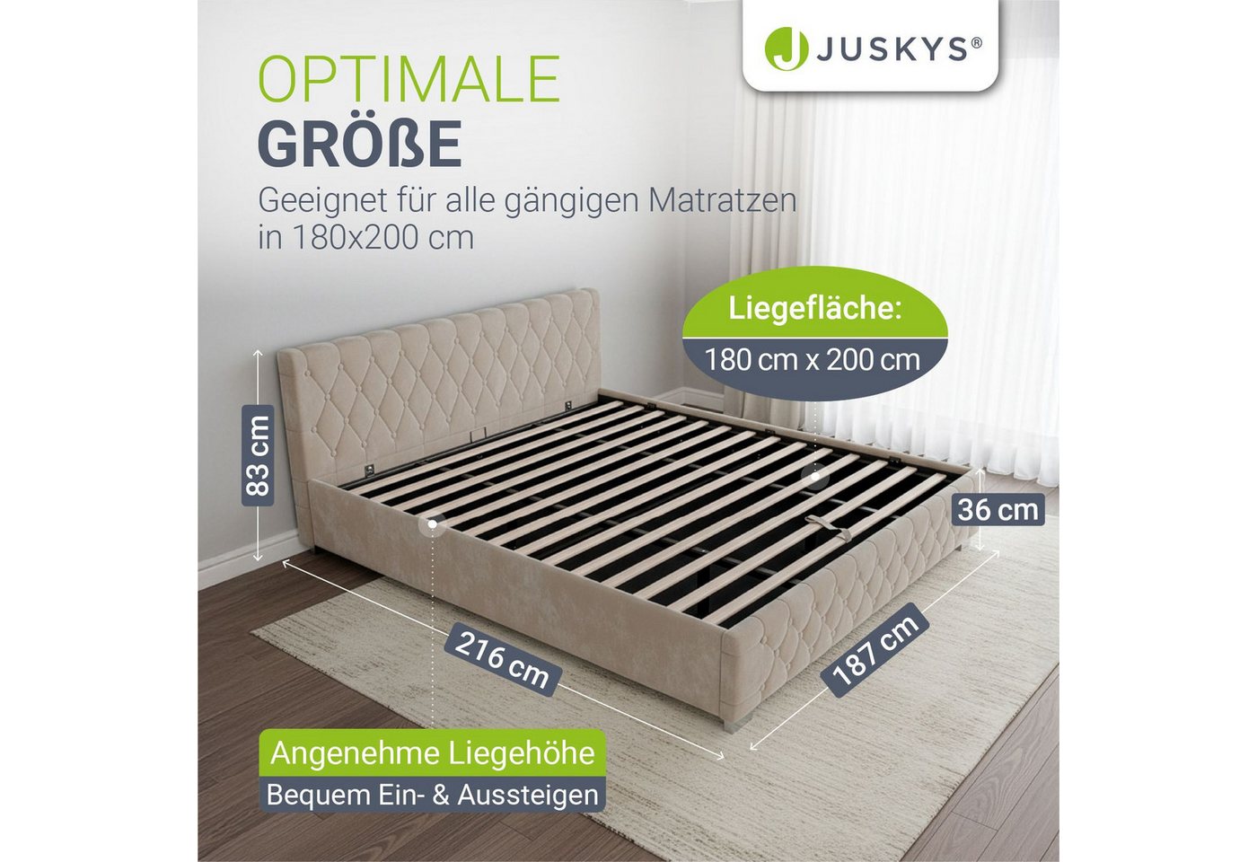 Juskys Polsterbett Nizza, 180x200 cm, LED Licht, Stauraum, Samtbezug, inkl. Matratze – Bild 4 von 5