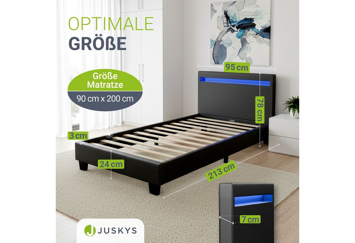 Juskys Polsterbett Paris, 90x200 cm, LED-Licht, weiches Kopfteil, inkl. Kaltschaummatratze – Bild 5 von 5