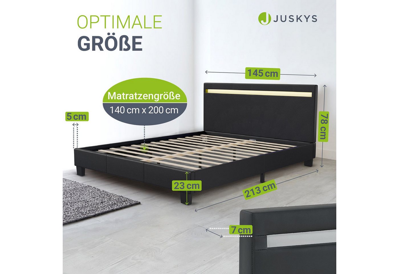 Juskys Polsterbett Paris, 140x200 cm, RGB-LED, Kunstleder, weiches Kopfteil, inkl. Matratze – Bild 3 von 5
