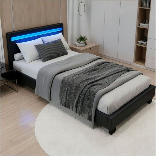 Juskys Polsterbett Paris, 90x200 cm, Kunstleder, hohes Kopfteil, robustes Bett, Lattenrost