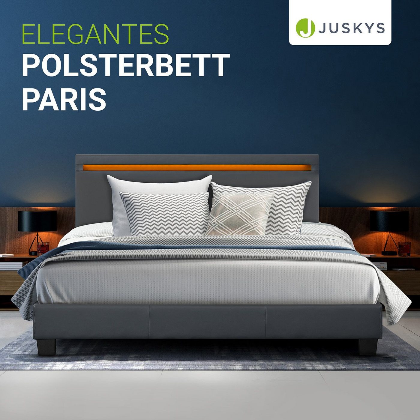 Juskys Polsterbett Paris, 140x200 cm, RGB-LED, Kunstleder, weiches Kopfteil, inkl. Matratze – Bild 2 von 5