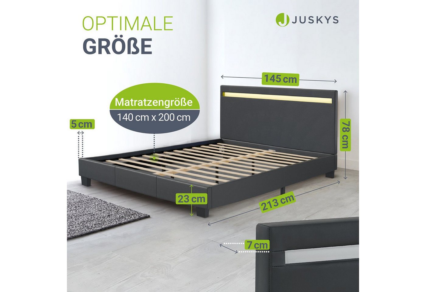 Juskys Polsterbett Paris, 140x200 cm, RGB-LED, Kunstleder, weiches Kopfteil, inkl. Matratze – Bild 3 von 5