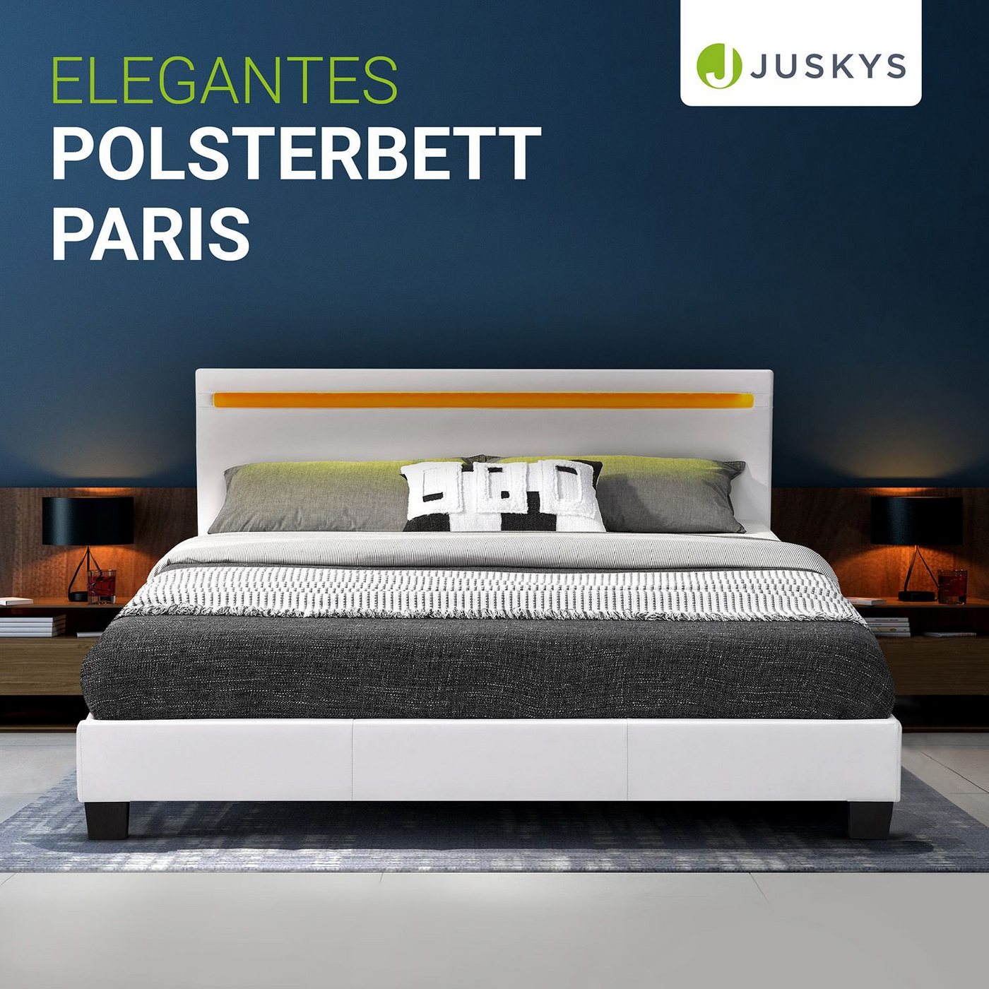 Juskys Polsterbett Paris, 140x200 cm, RGB-LED, Kunstleder, weiches Kopfteil, inkl. Matratze – Bild 2 von 5