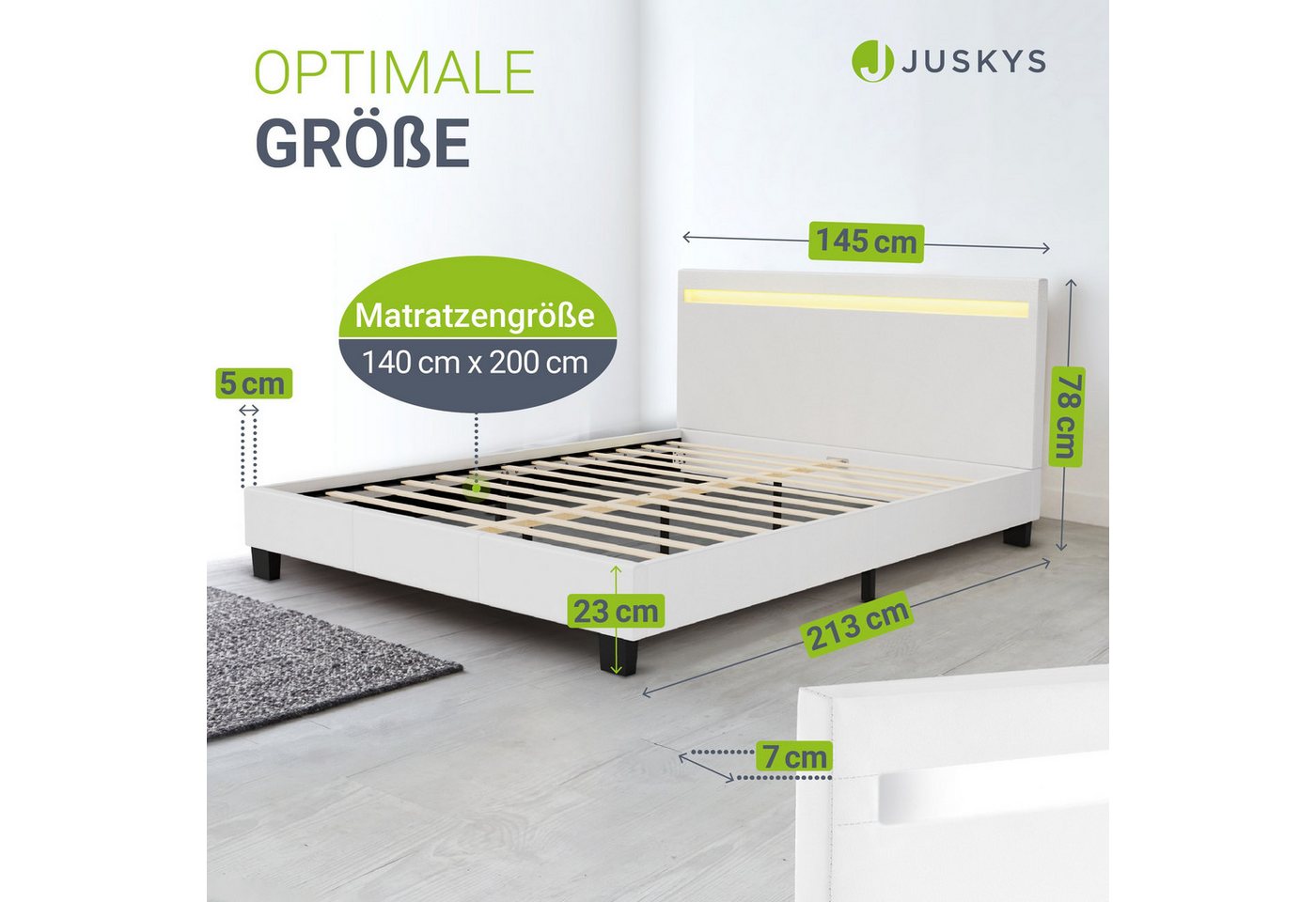 Juskys Polsterbett Paris, 140x200 cm, RGB-LED, Kunstleder, weiches Kopfteil, inkl. Matratze – Bild 3 von 5