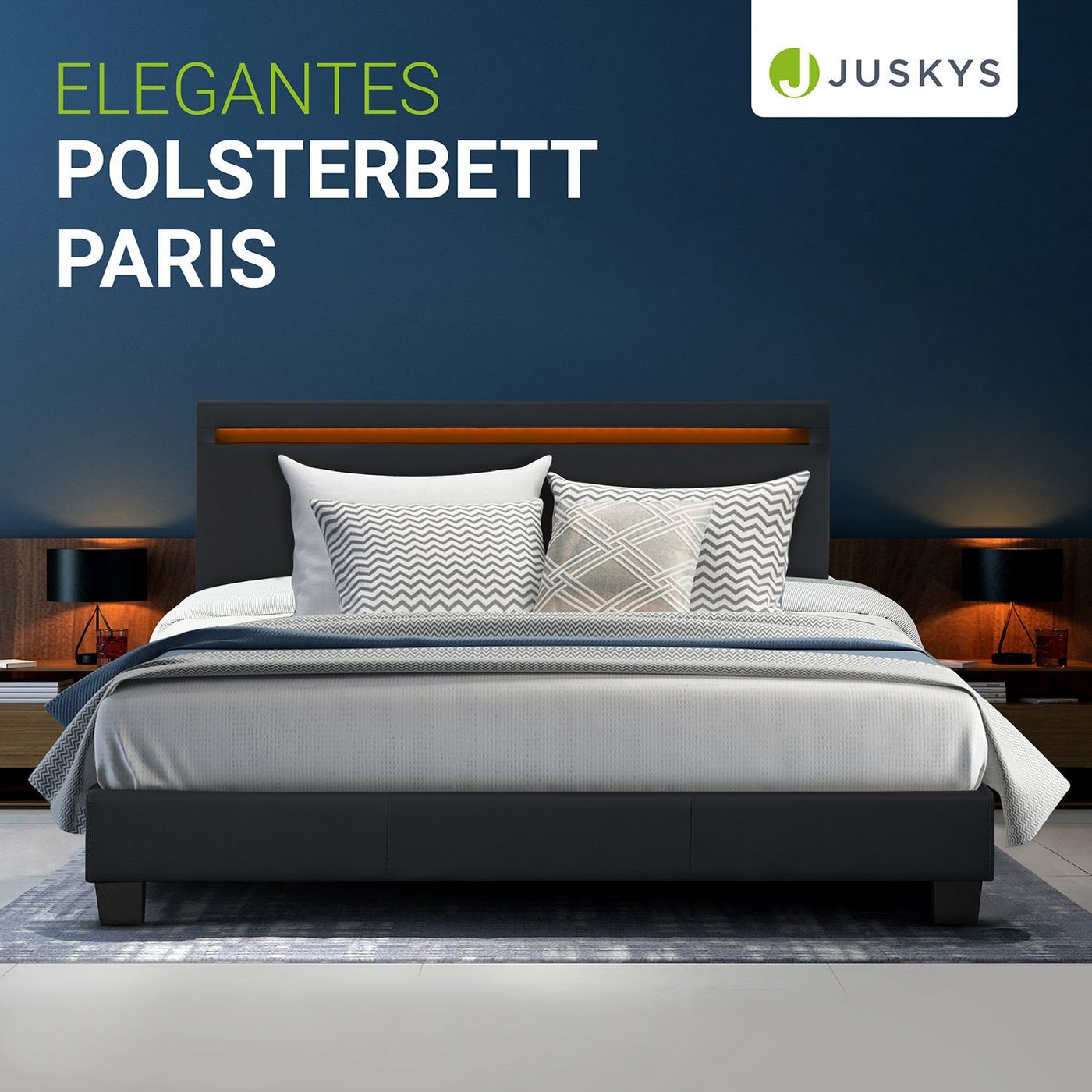 Juskys Polsterbett Paris, 140x200 cm, bunte LED-Beleuchtung, Kunstleder, weiches Kopfteil – Bild 2 von 5
