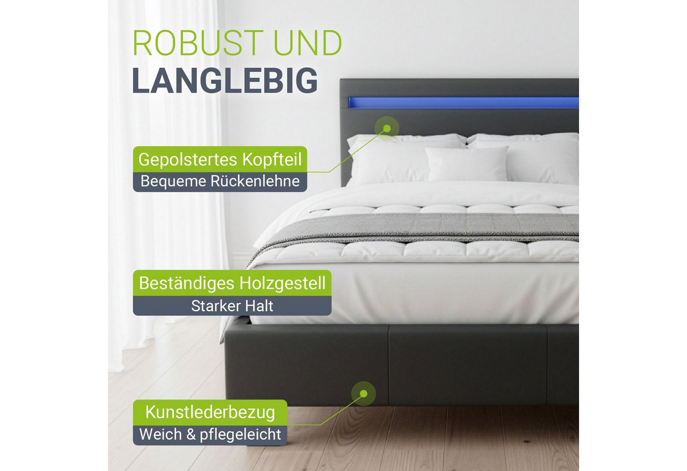 Juskys Polsterbett Paris, 90x200 cm, LED-Licht, weiches Kopfteil, inkl. Kaltschaummatratze – Bild 4 von 5