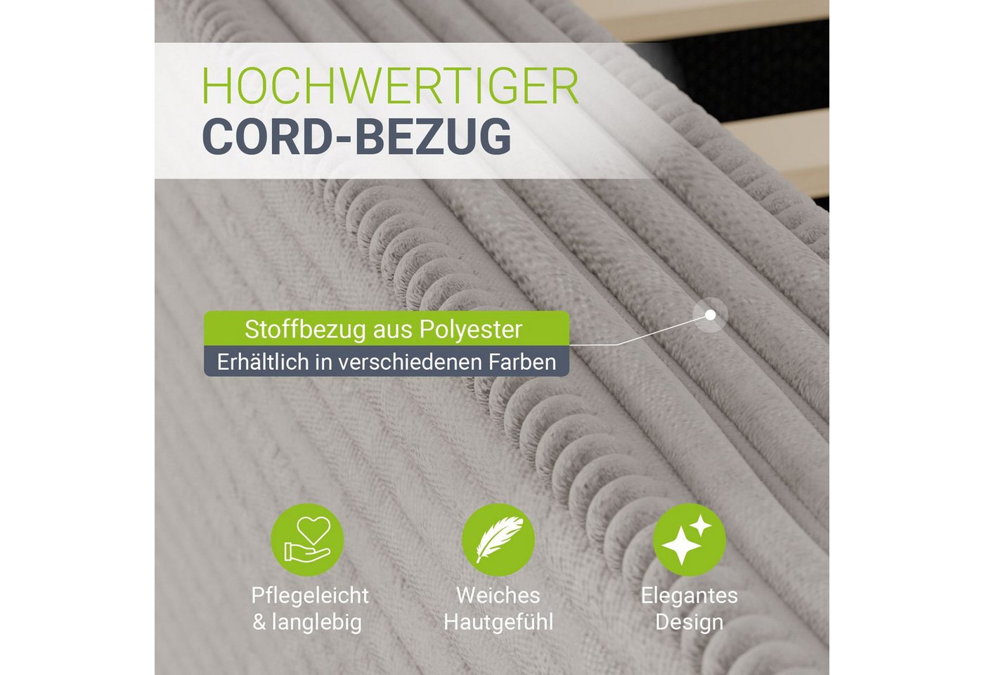 Juskys Polsterbett Salerno, Cord Design, bis 500 kg belastbar, Pflegeleicht mit Polsterung – Bild 4 von 5