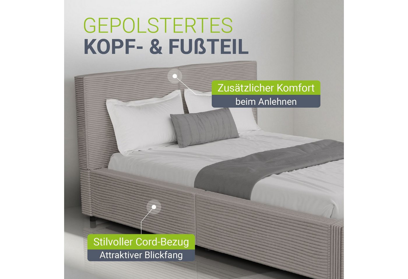 Juskys Polsterbett Salerno, Cord Design, bis 500 kg belastbar, Pflegeleicht mit Polsterung – Bild 5 von 5