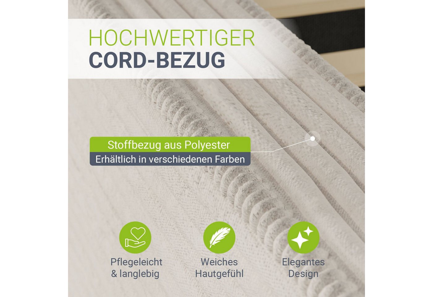 Juskys Polsterbett Salerno, Cord Design, bis 500 kg belastbar, Pflegeleicht mit Polsterung – Bild 4 von 5