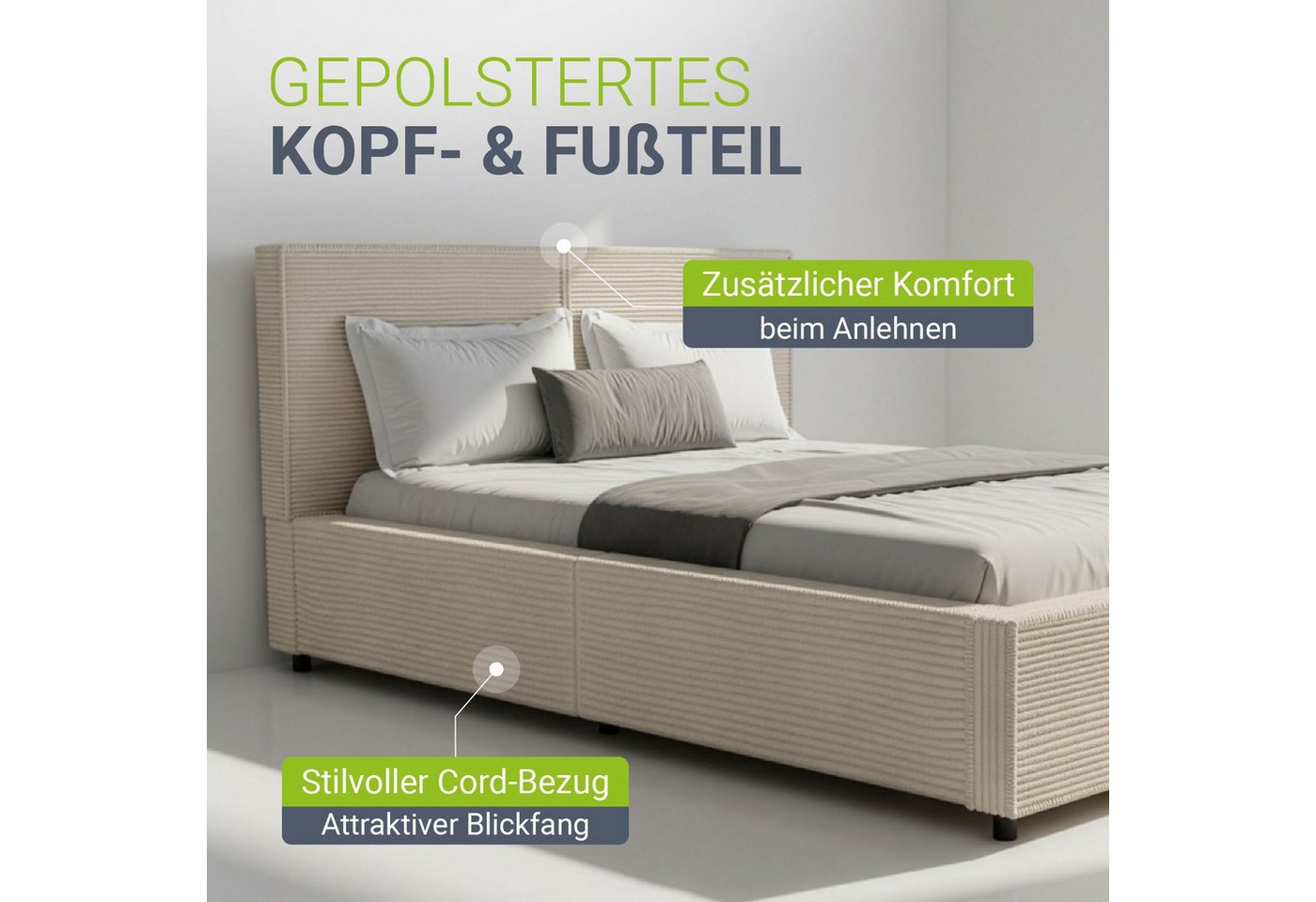 Juskys Polsterbett Salerno, Cord Design, bis 500 kg belastbar, Pflegeleicht mit Polsterung – Bild 5 von 5