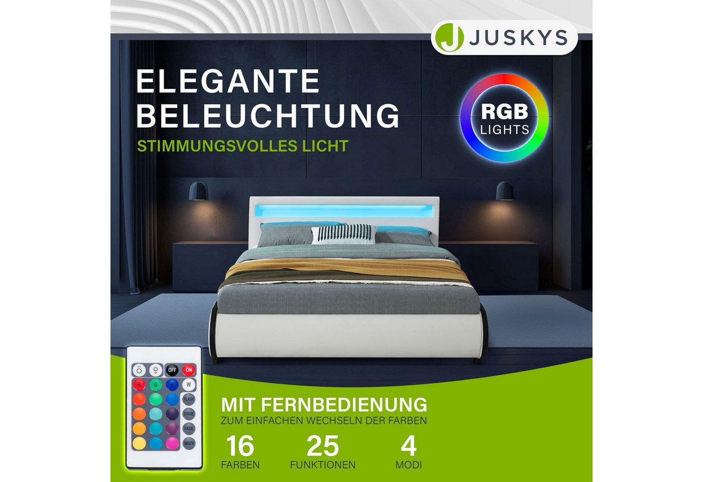 Juskys Polsterbett Sevilla, 140x200 cm, RGB-LED, Kunstleder, weiches Kopfteil, inkl. Matratze – Bild 3 von 5