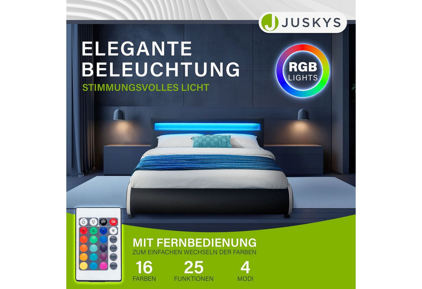 Juskys Polsterbett Sevilla, 140x200 cm, RGB-LED, Kunstleder, weiches Kopfteil, inkl. Matratze – Bild 3 von 5