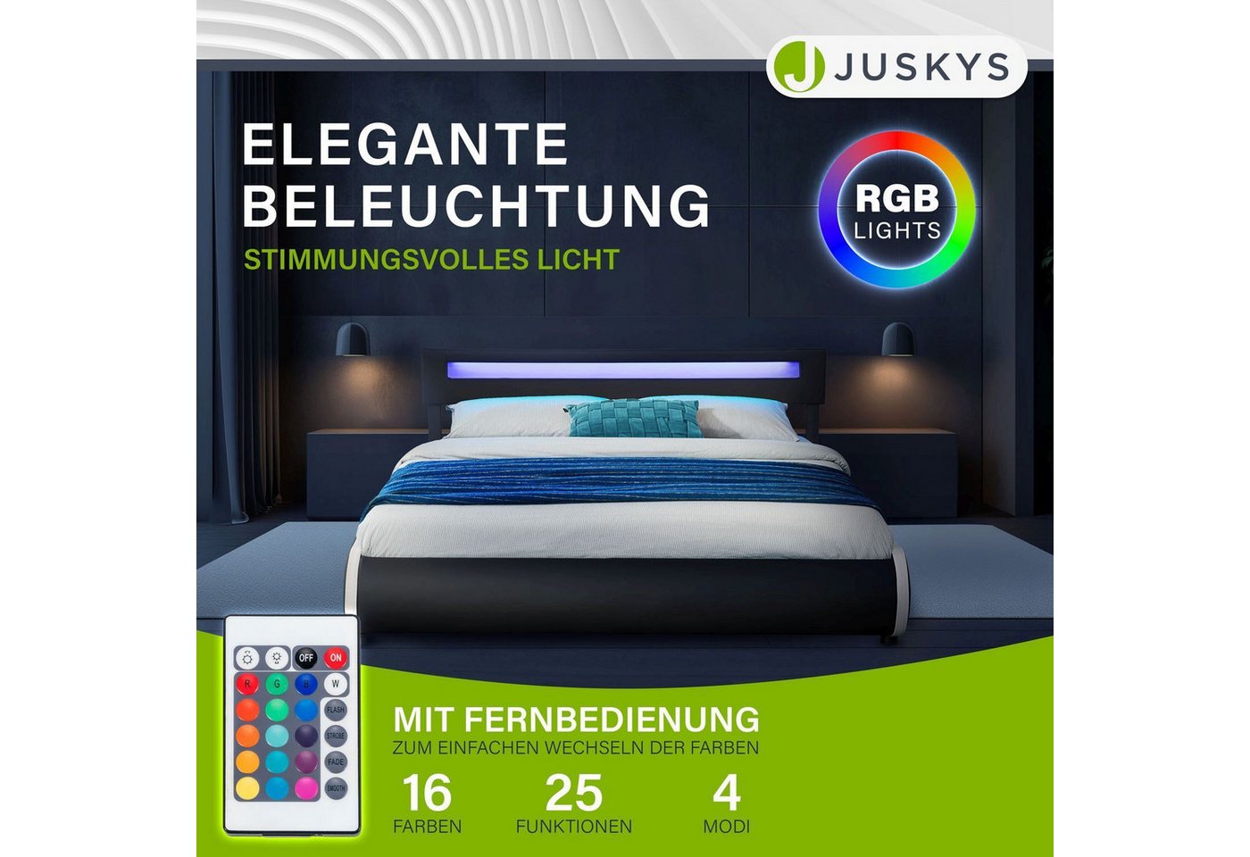 Juskys Polsterbett Sevilla, 180x200 cm, RGB-LED, Kunstleder, weiches Kopfteil, inkl. Matratze – Bild 3 von 5