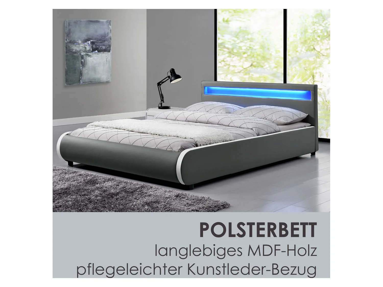 Juskys Polsterbett Sevilla, 140x200 cm, RGB-LED, Kunstleder, gepolstertes Kopfteil – Bild 4 von 4