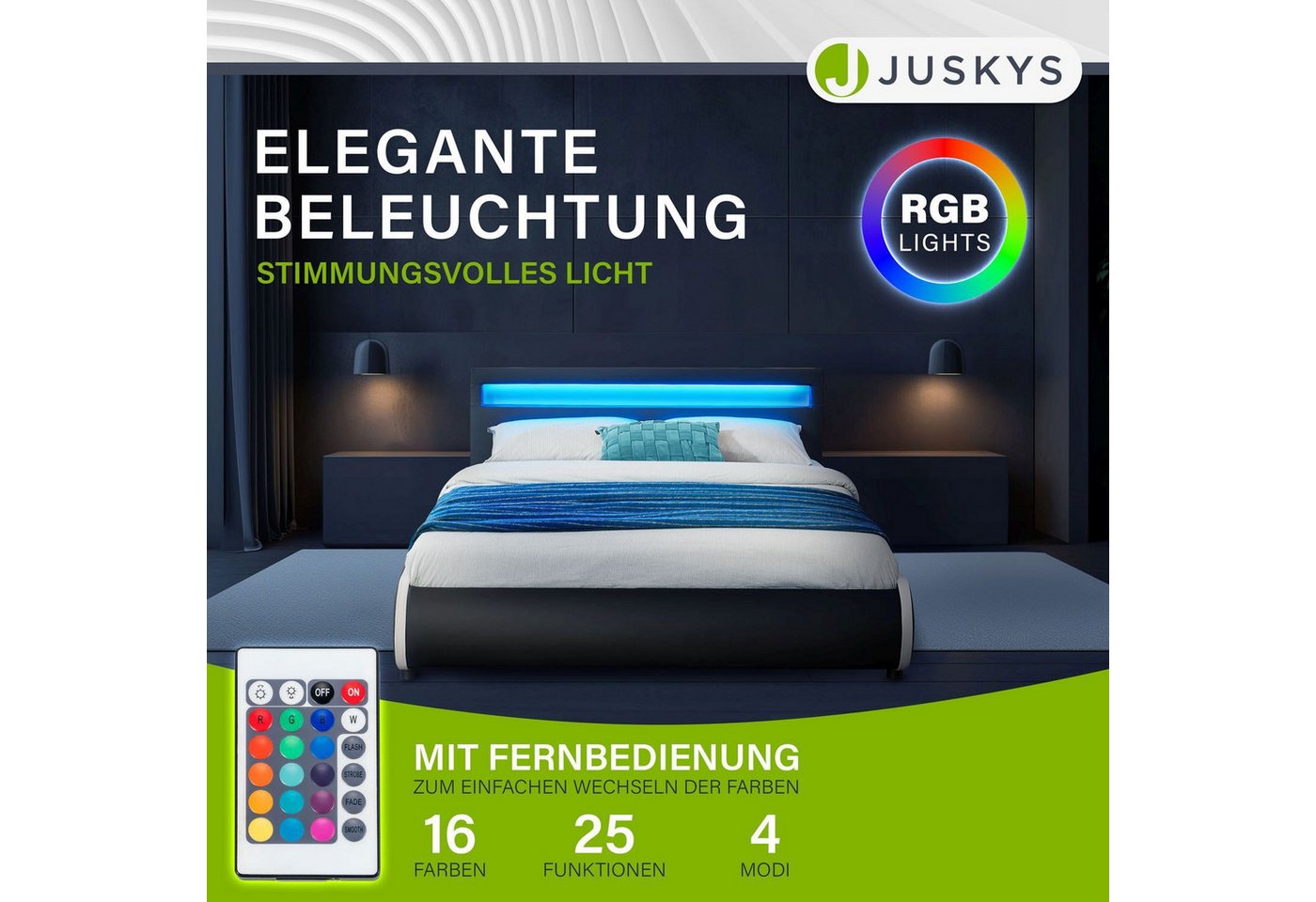 Juskys Polsterbett Sevilla, 140x200 cm, RGB-LED, Kunstleder, weiches Kopfteil, inkl. Matratze – Bild 3 von 5