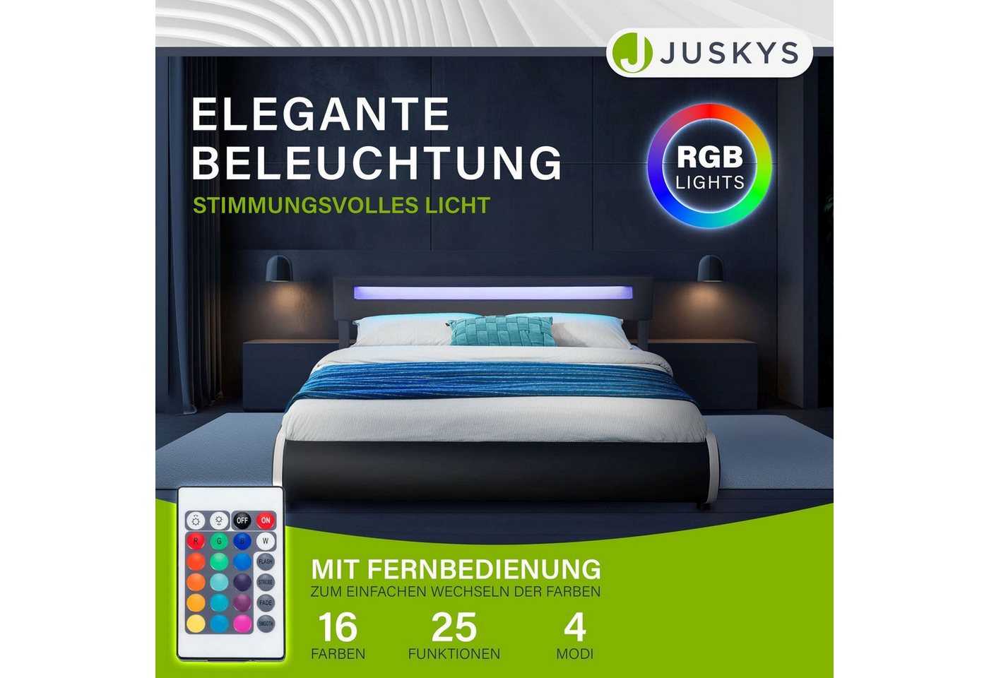 Juskys Polsterbett Sevilla, 180x200 cm, RGB-LED, Kunstleder, weiches Kopfteil, inkl. Matratze – Bild 3 von 5