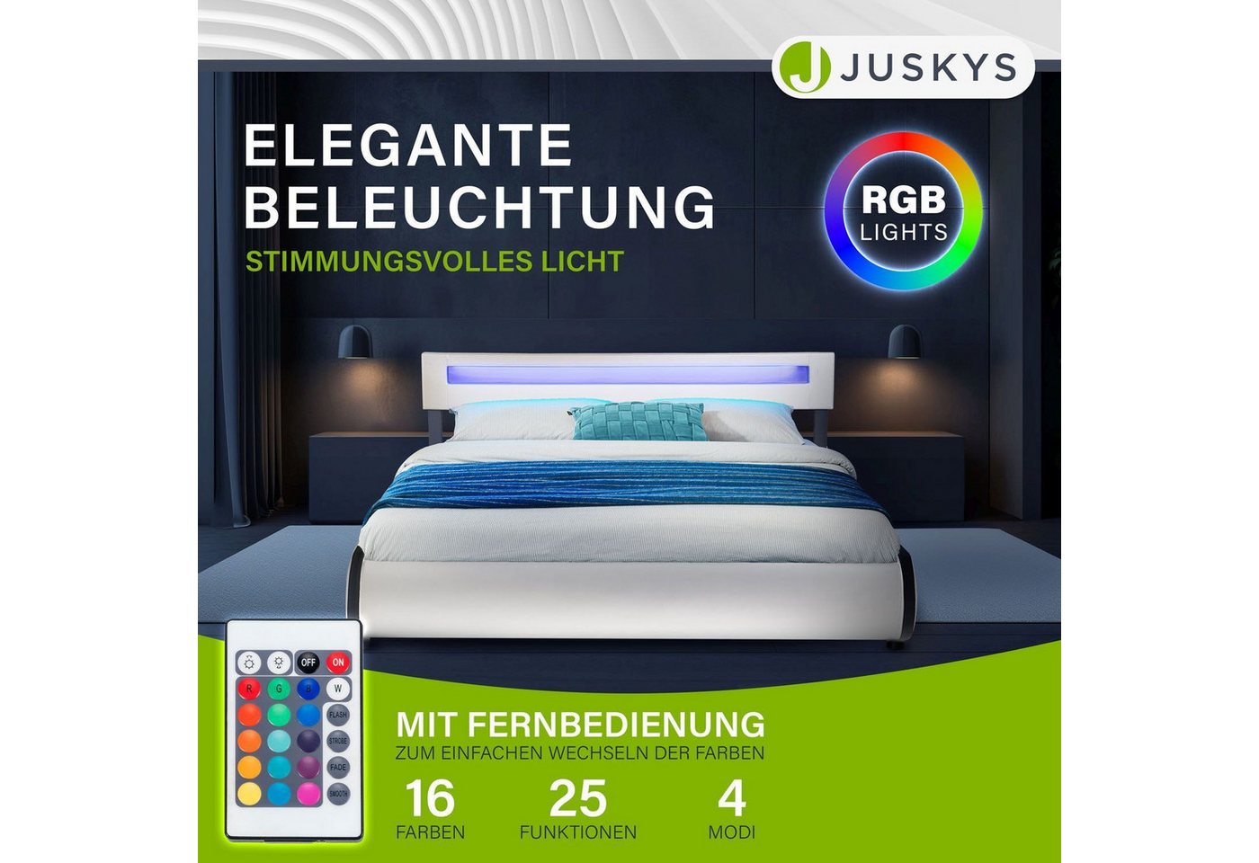 Juskys Polsterbett Sevilla, 180x200 cm, RGB-LED, Kunstleder, weiches Kopfteil, inkl. Matratze – Bild 3 von 5