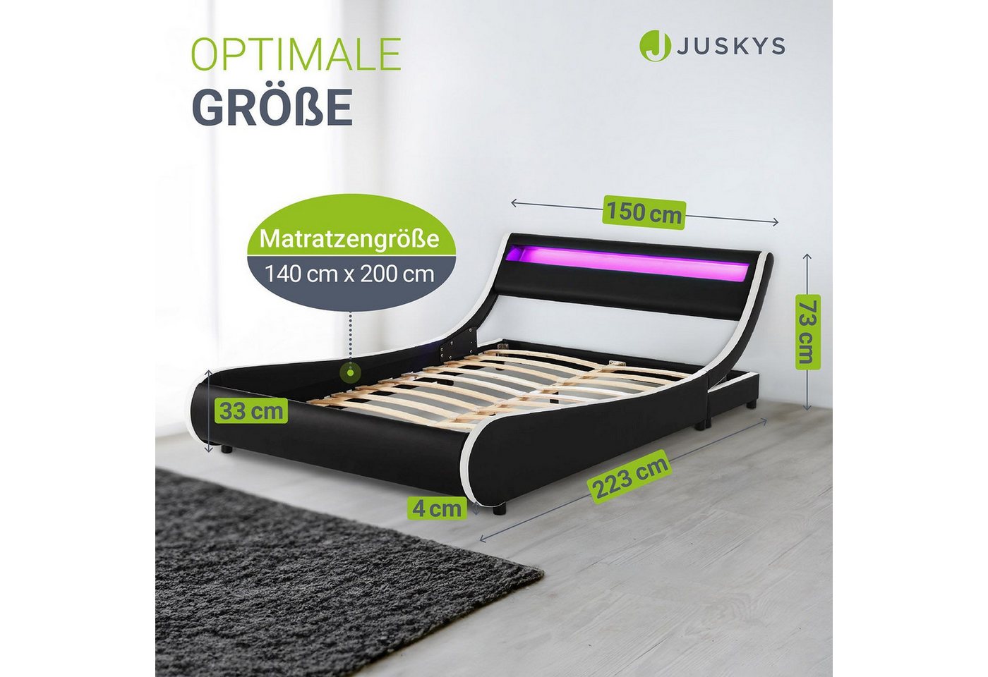 Juskys Polsterbett Valencia, 180x200 cm, mit Matratze und LED-Leiste, Beleuchtung steuerbar – Bild 3 von 5