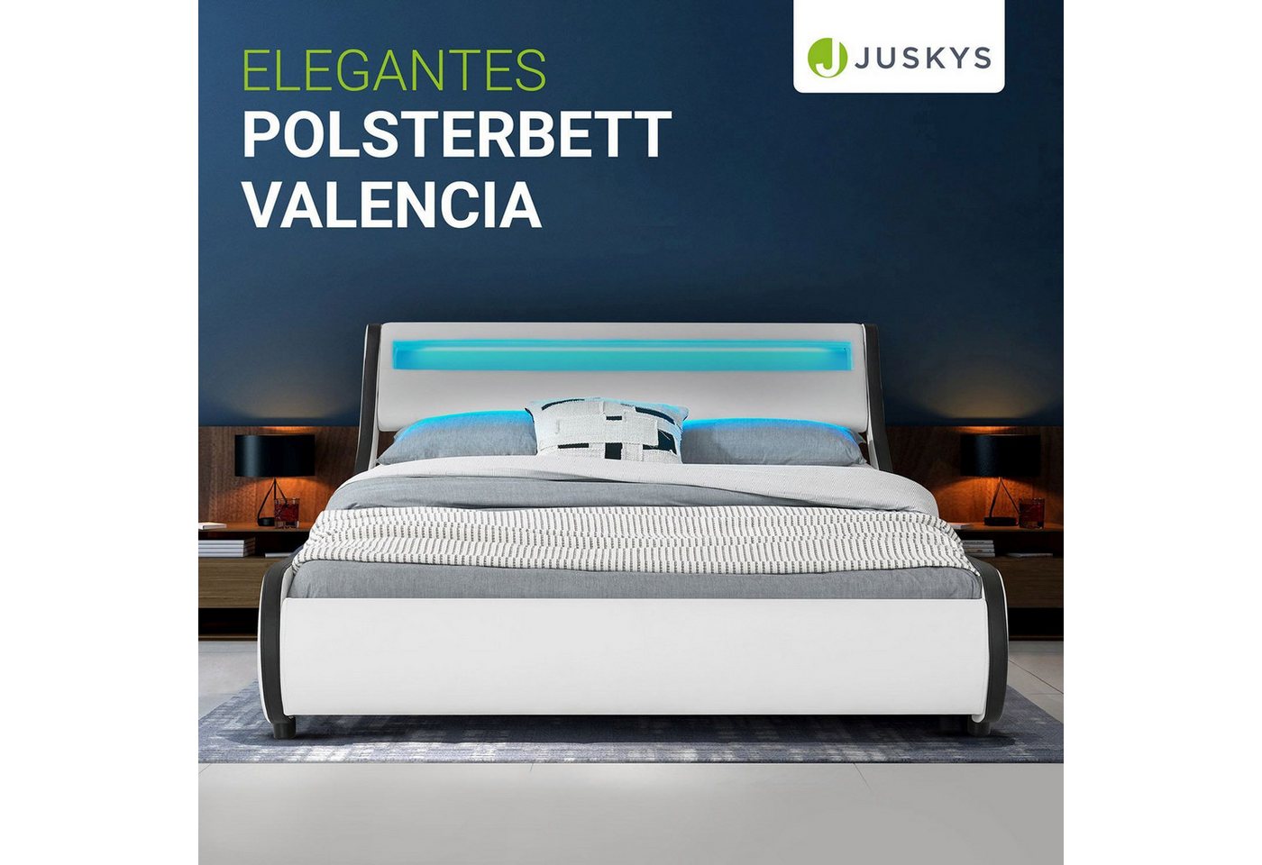 Juskys Polsterbett Valencia, 180x200 cm, mit Matratze und LED-Leiste, Beleuchtung steuerbar – Bild 2 von 5