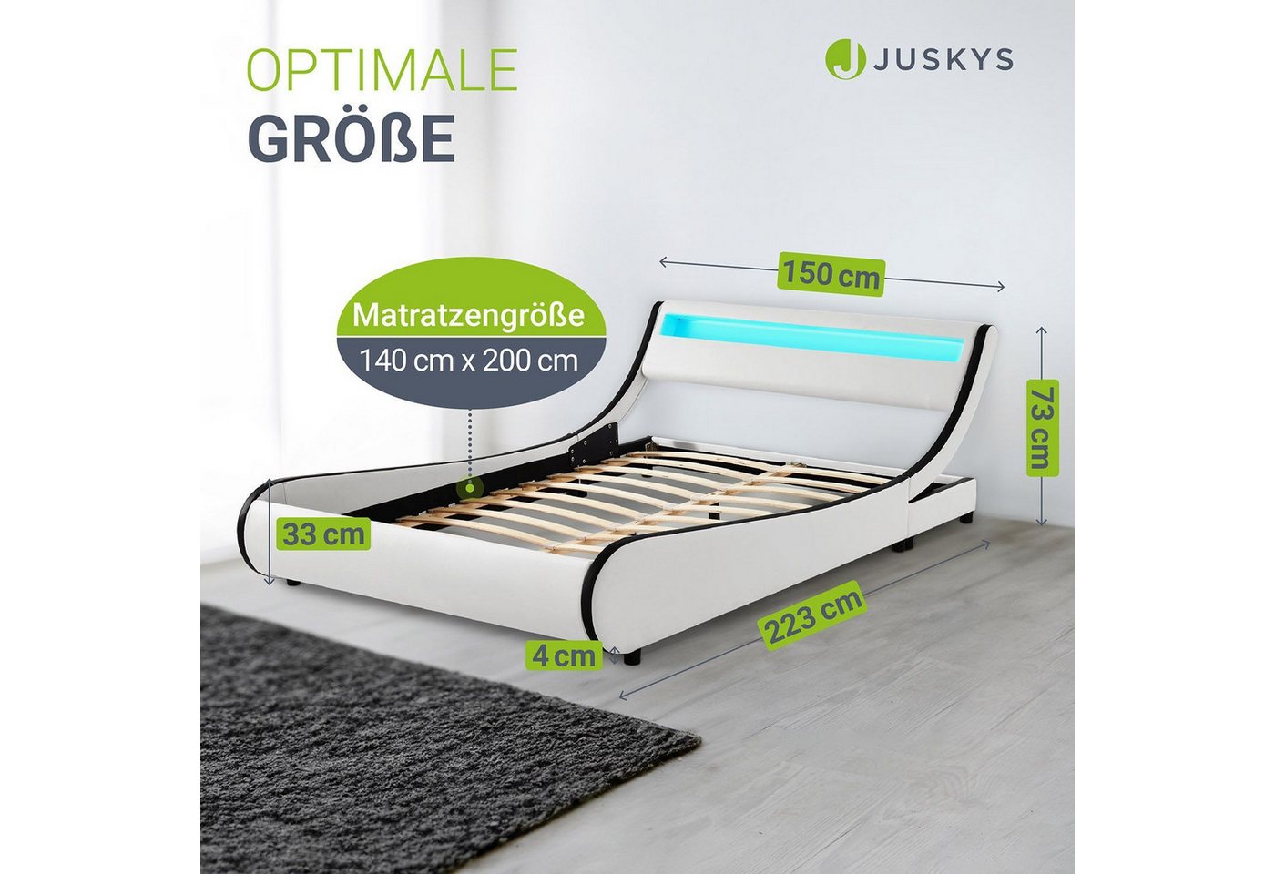 Juskys Polsterbett Valencia, 180x200 cm, mit Matratze und LED-Leiste, Beleuchtung steuerbar – Bild 3 von 5