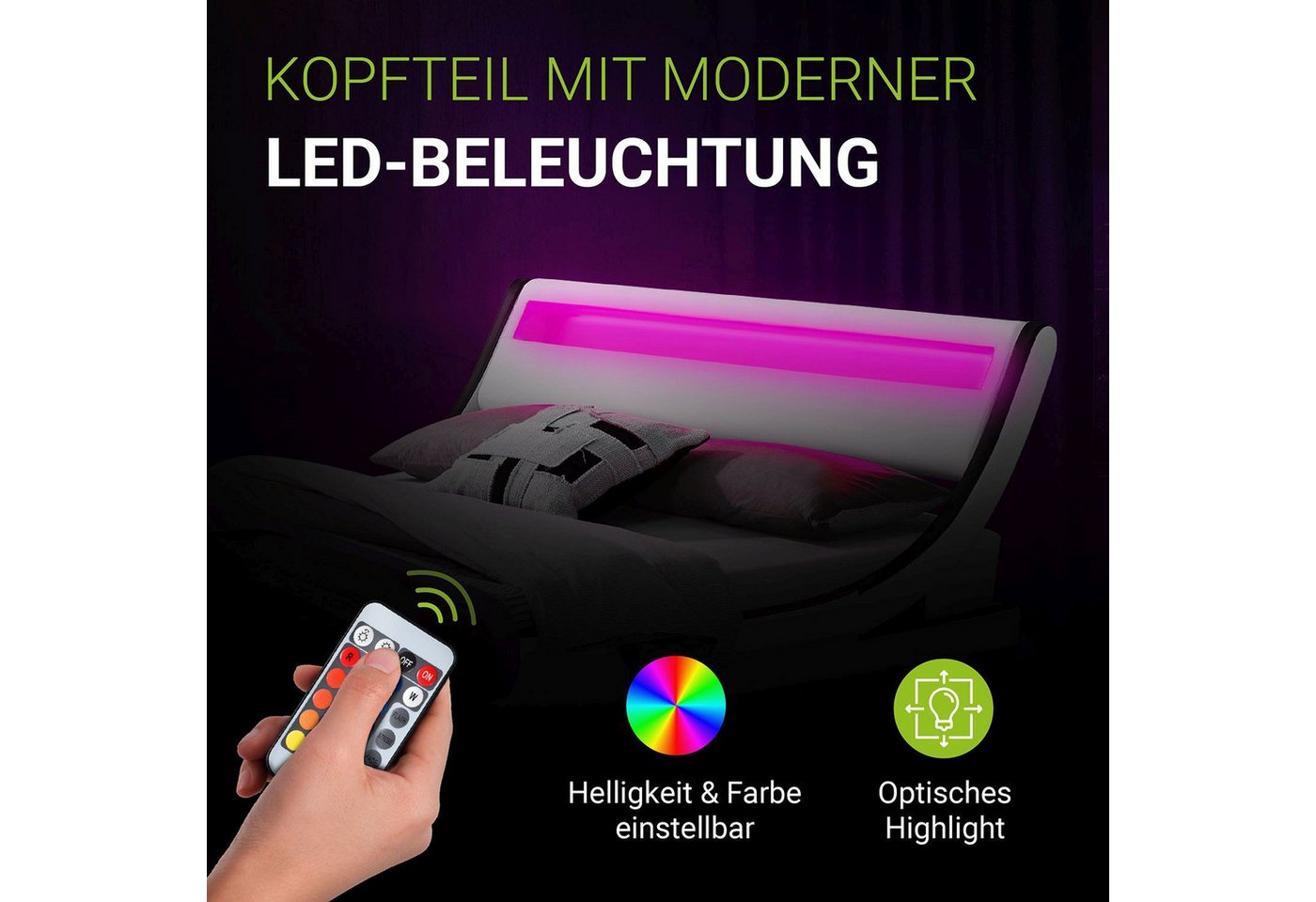 Juskys Polsterbett Valencia, 180x200 cm, mit Matratze und LED-Leiste, Beleuchtung steuerbar – Bild 4 von 5