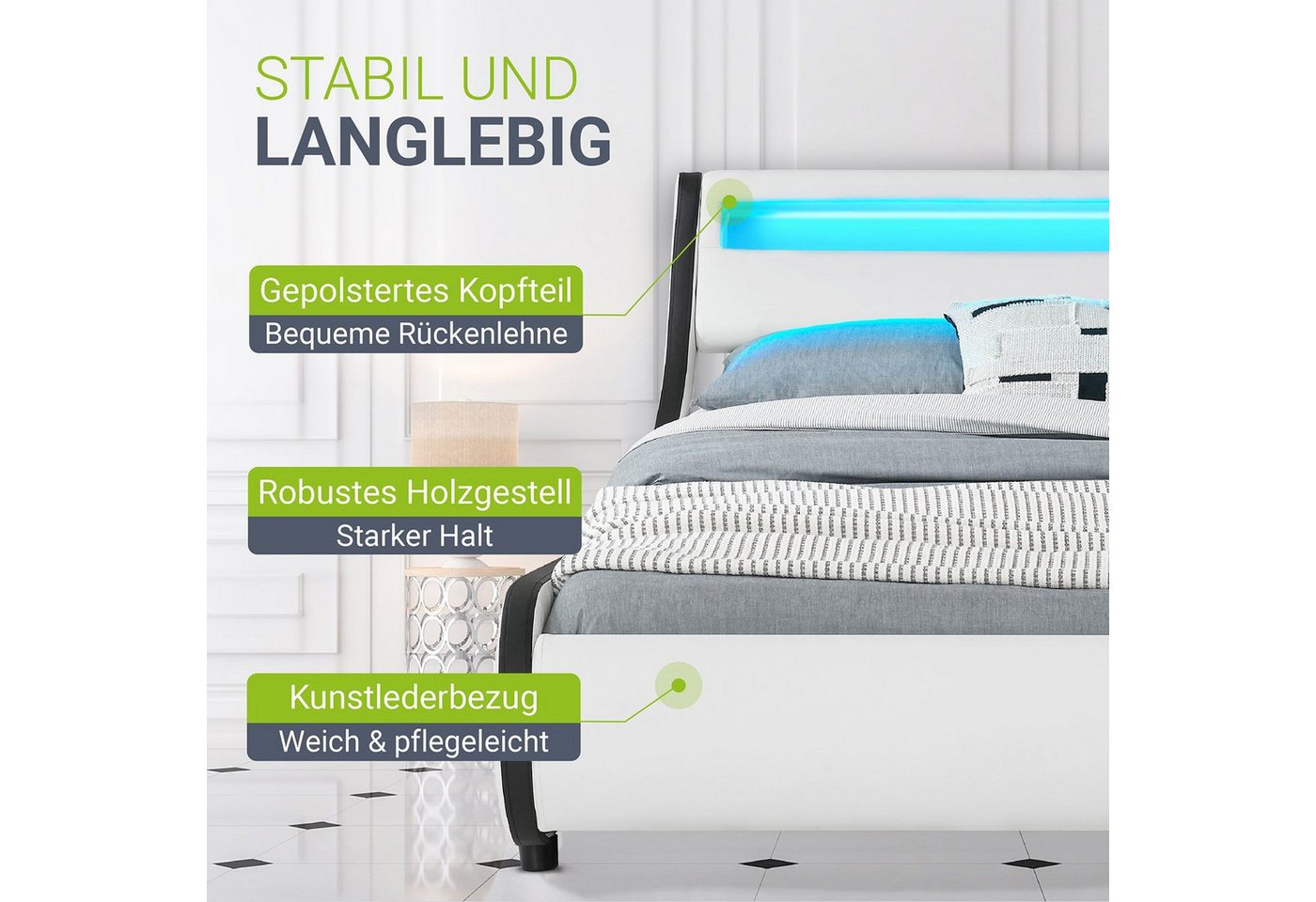 Juskys Polsterbett Valencia, 180x200 cm, mit Matratze und LED-Leiste, Beleuchtung steuerbar – Bild 5 von 5